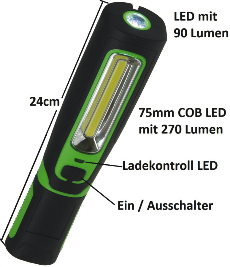 Profi AKKU LED Arbeitsleuchte COB 270lm Stableuchte flexibel IP44 Magnethalter 